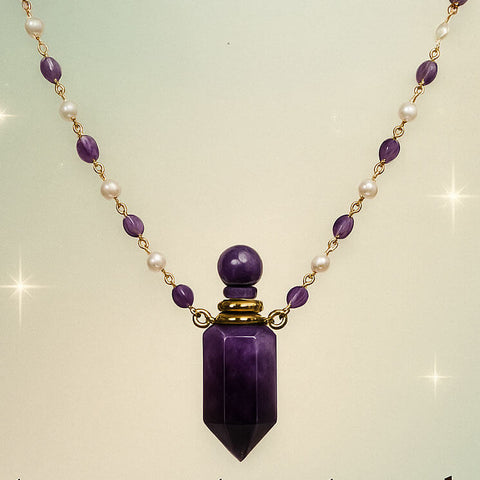 Aromatic Aura Ampule Necklace – Amethyst & Pearls Essential Oil Ritual Jewelry